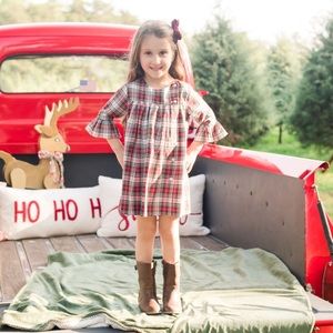 Christmas dress with ruffle arm sleeves and buttoned down front